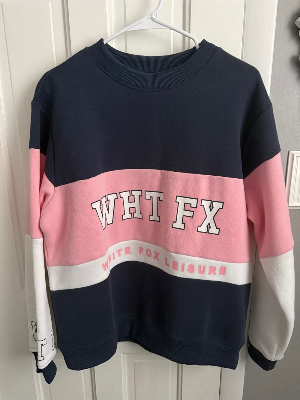 White Fox Navy Pink Colorblock Crewneck Sweater